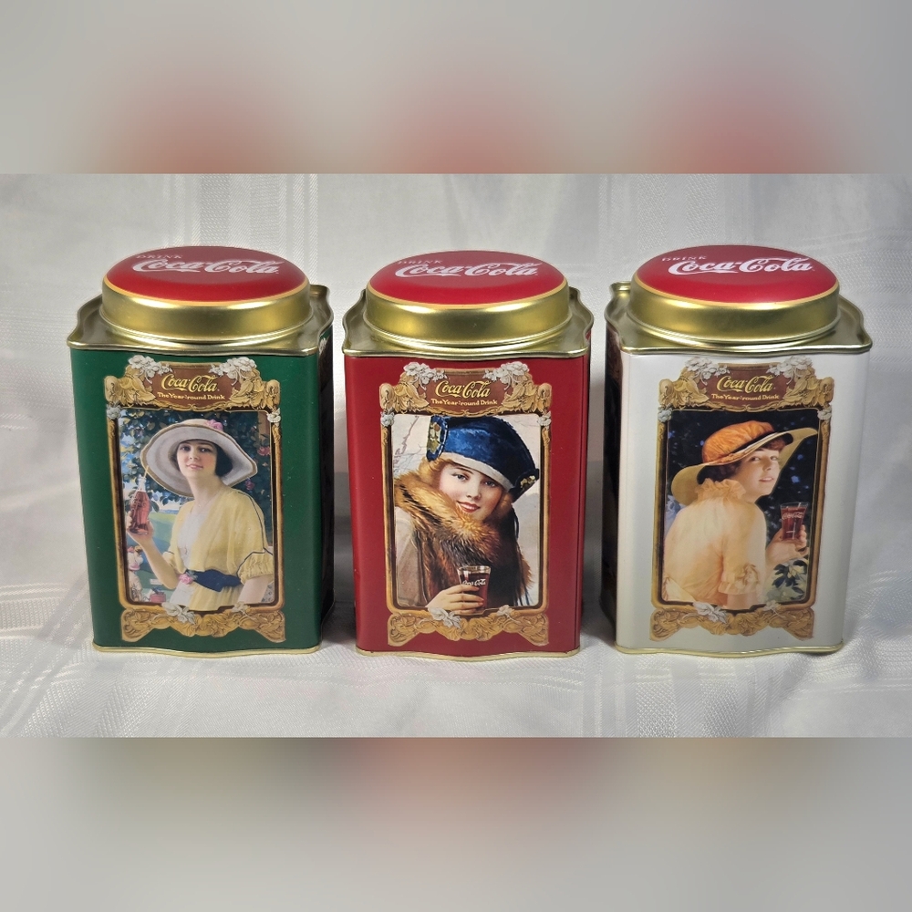 3 COLLECTABLE  COCA COLA TIN "THE YEAR ROUND DRINK" SQUARE WITH ROUNDTOP